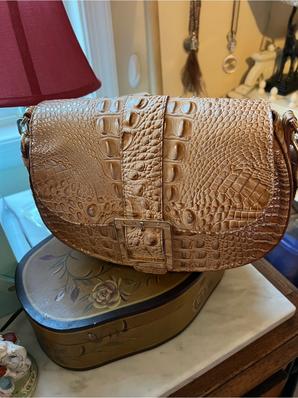 Brahmin Croc-Embossed Saddle Shoulder Bag in Tan